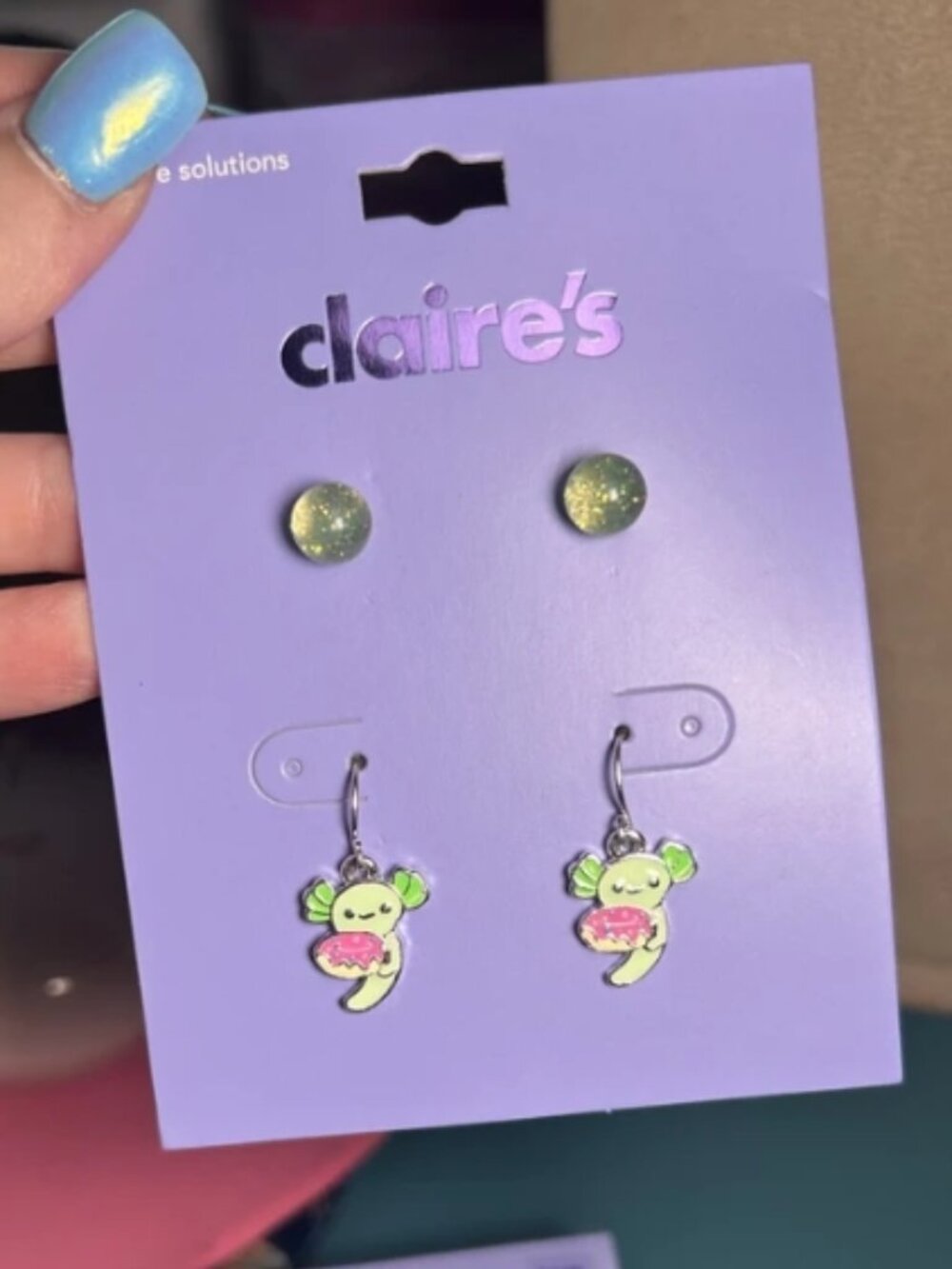 Claire's Green Glitter Stud & Kawaii Axolotl Dangle Earrings Set NWT
